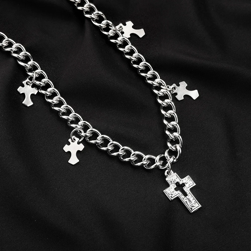 

Hip Hop Fashion Stainless Steel Cuban Chain Choker Cross Necklace, White