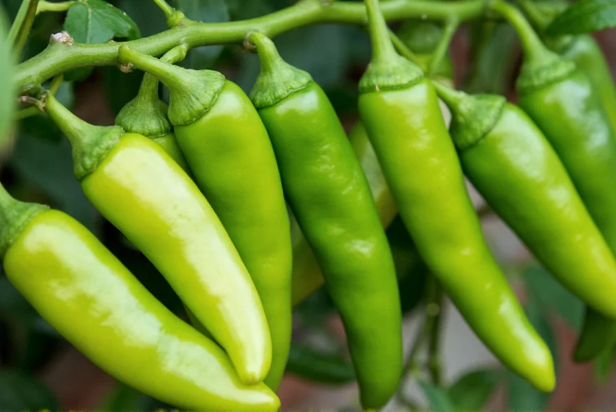 Close-up view of fresh Hatch green chilies on the vine showing different maturity stages from pale green to dark green