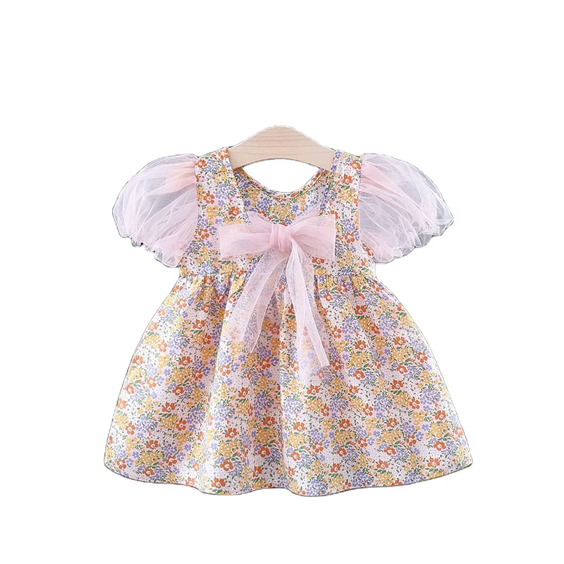 

New summer 2021 gauze puff sleeve floral princess birthday dress girls back bow splicing design dress
