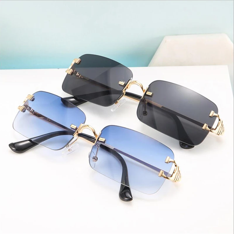 

blue rectangular sunglasses rimless men metal fashion square sun glasses for women gradient lens frameless 2021 uv400
