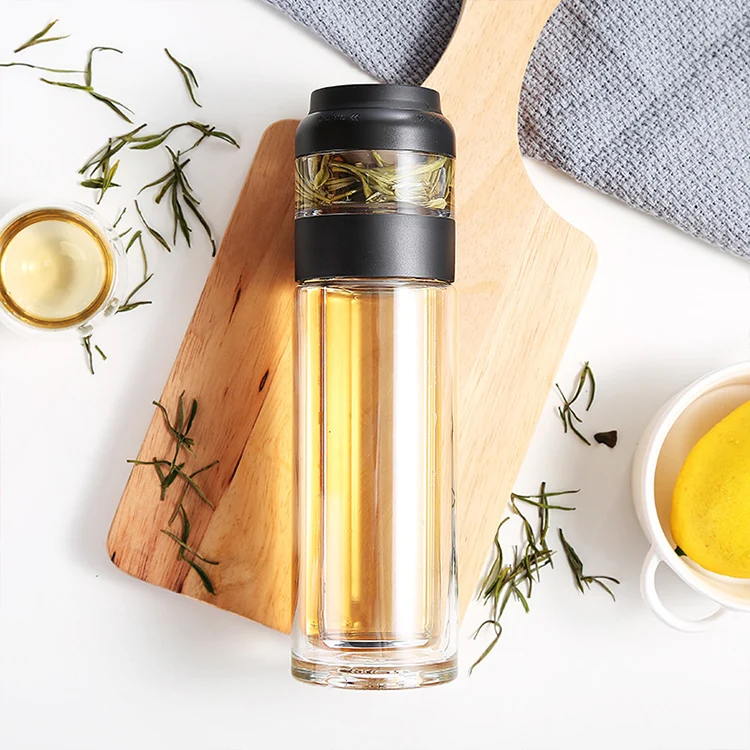 

Double Wall Glass Water Bottle Tea and Water Separation Tea Bottle Mug Cup with Tea Infuser, Gray color