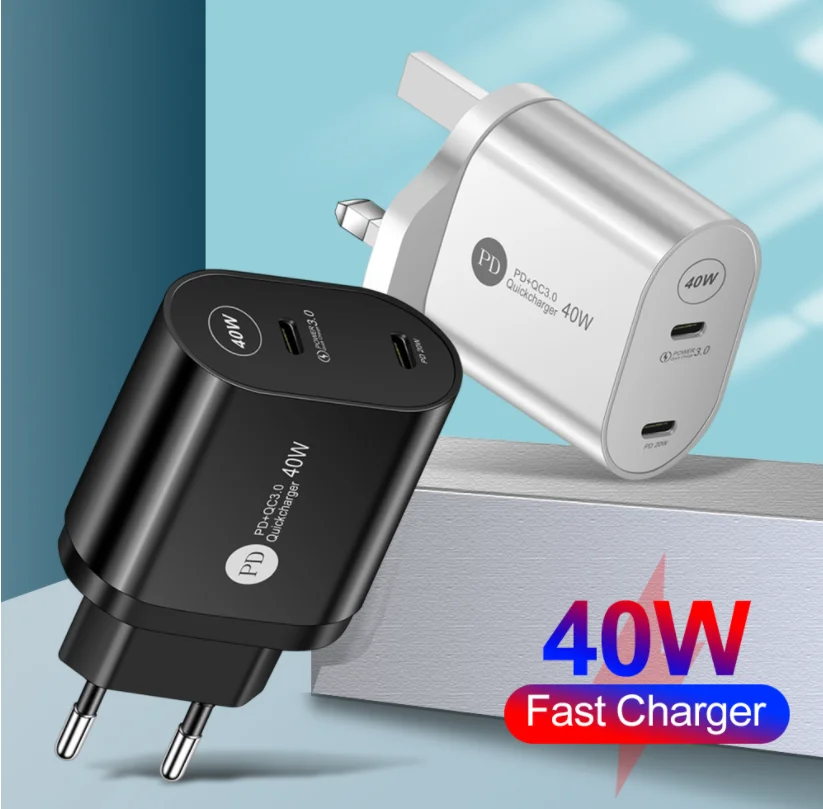 

High quality 40W fast charging type-C PD dual port power adapter for quick charge 3.0 usb charger guangzhou roiskin