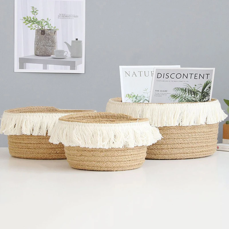 

Nordic jute color braided tassel storage basket Home storage basket home tidying debris storage basket