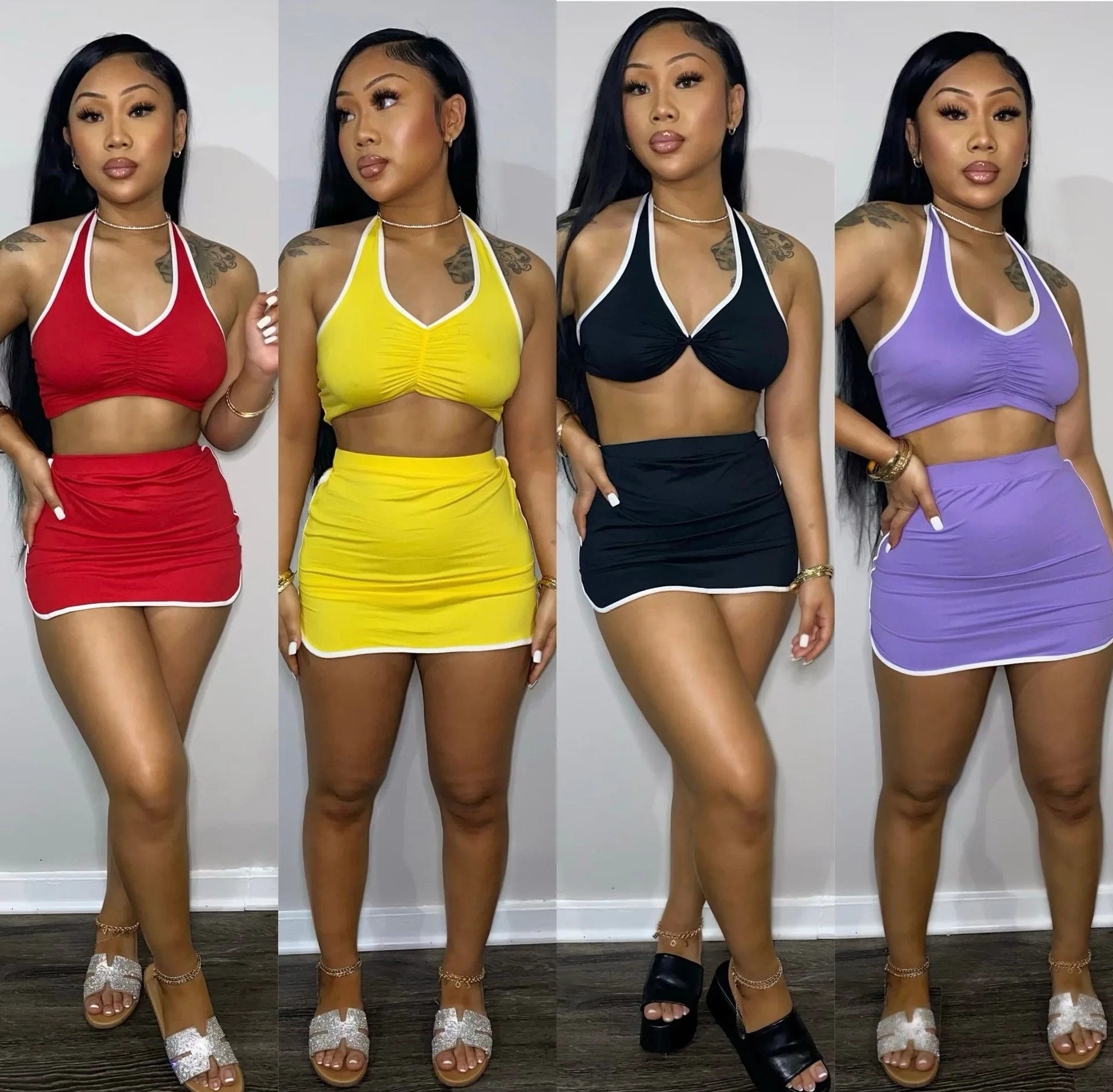 

2022 Hot Sale Summer Sportswear Solid Color Sexy Skirt Two Piece Set Short Sleeve Top and Mini Skirt Two Piece Set Women, As picture or customized make