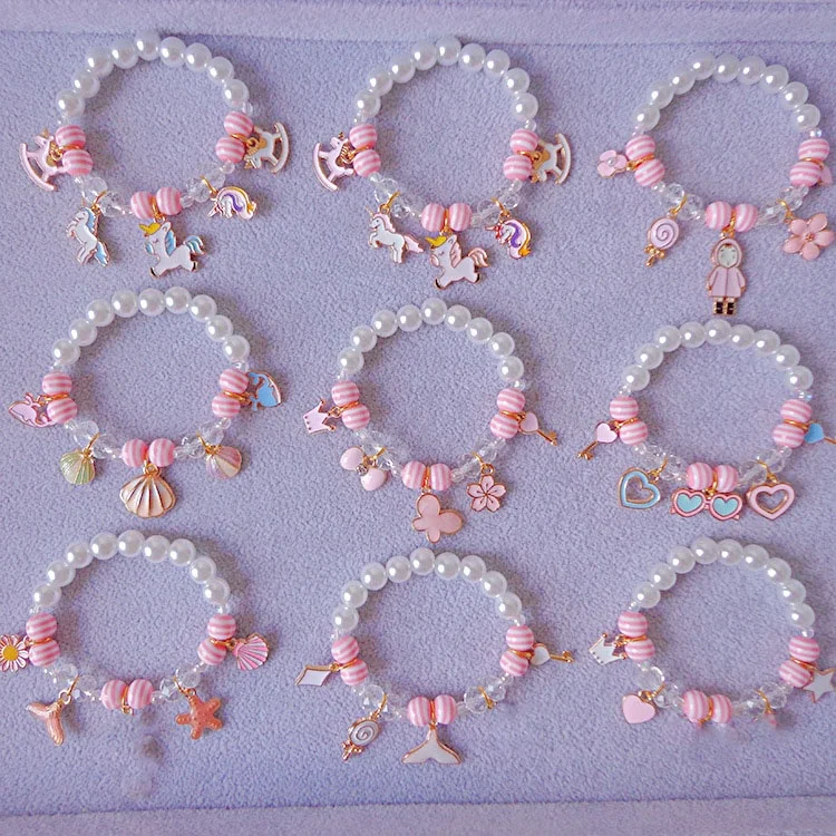 

Princess little girl baby cute pink charms beads unicorn bracelets for kids jewelry