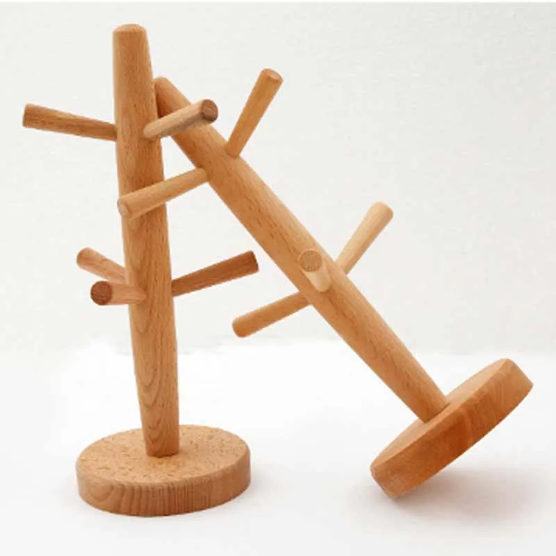 

New Soild Wood Mug Rack Tree Storage Cup Organizer Holder With 6 Hooks For Kitchen Livingroom Table Storage Hanging Holder, Natural color