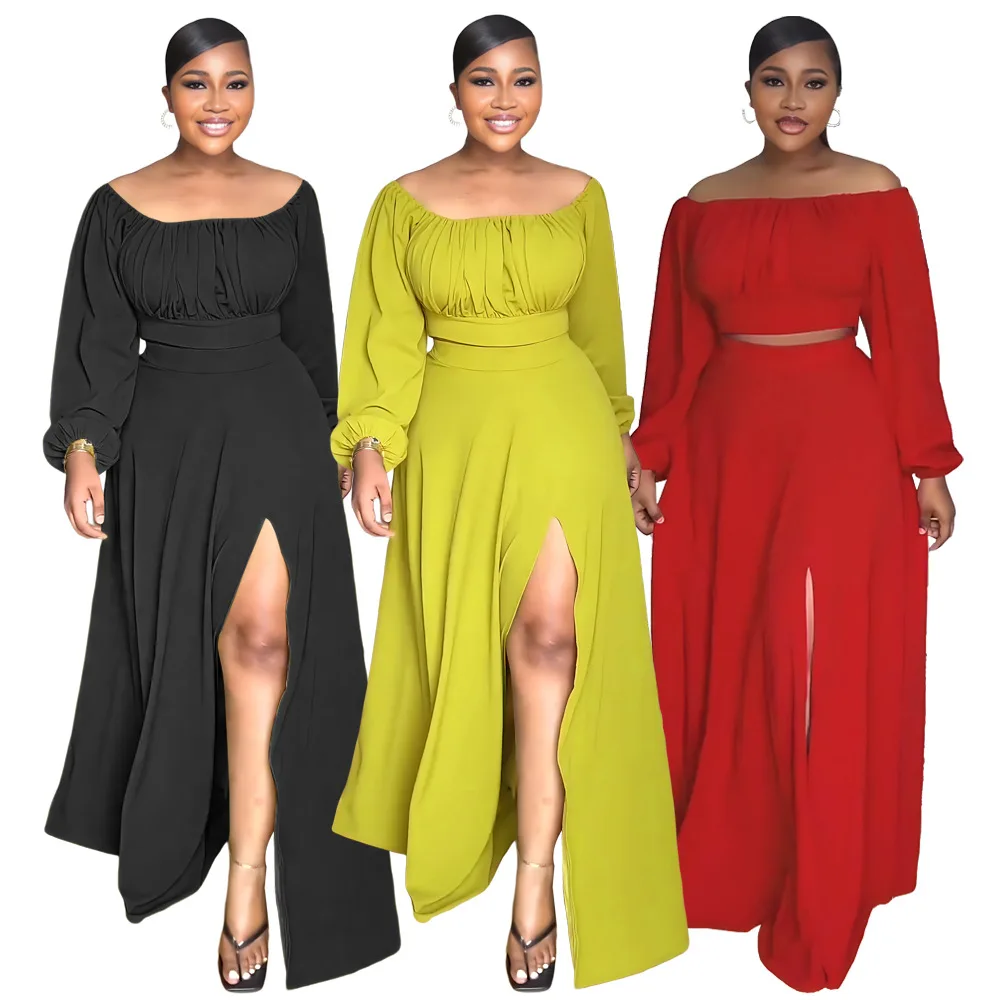 

YQY10243 Latest Design Fall Outfits For Women Off Shoulder Short Top High Waist Split Long Skirt 2 Piece Set Women Skirt Set