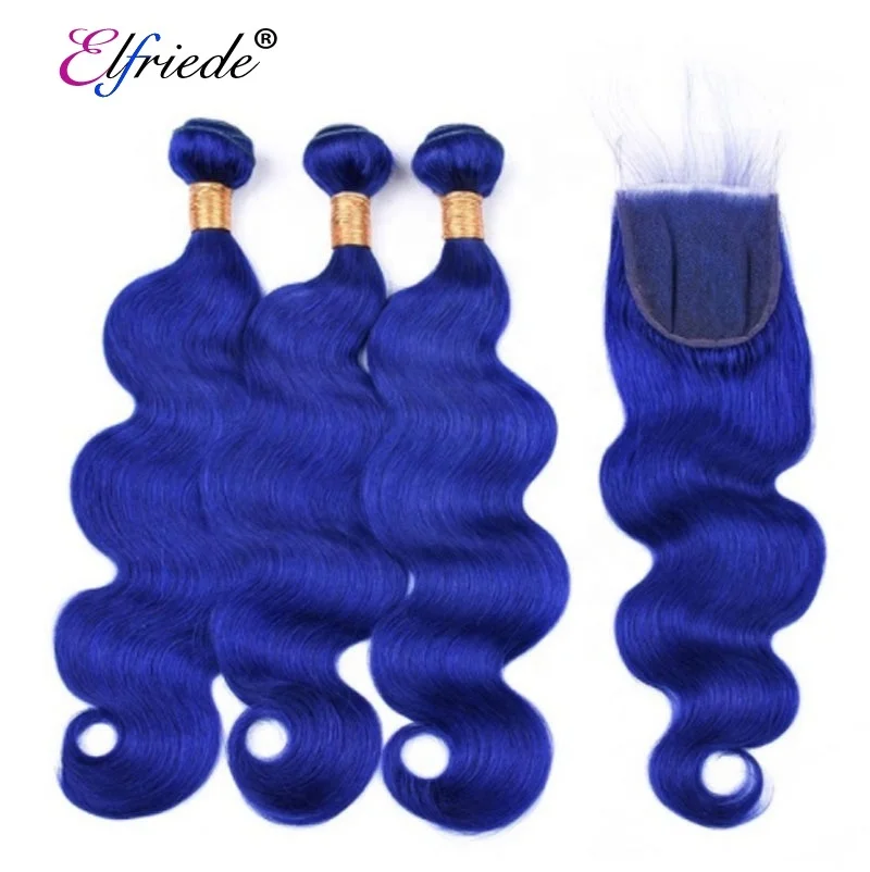 

Blue Body Wave Top Grade Hair Weaves with Closure Brazilian Remy Human Hair 3 Bundles with Lace Closure 4"x4" JCXT-14