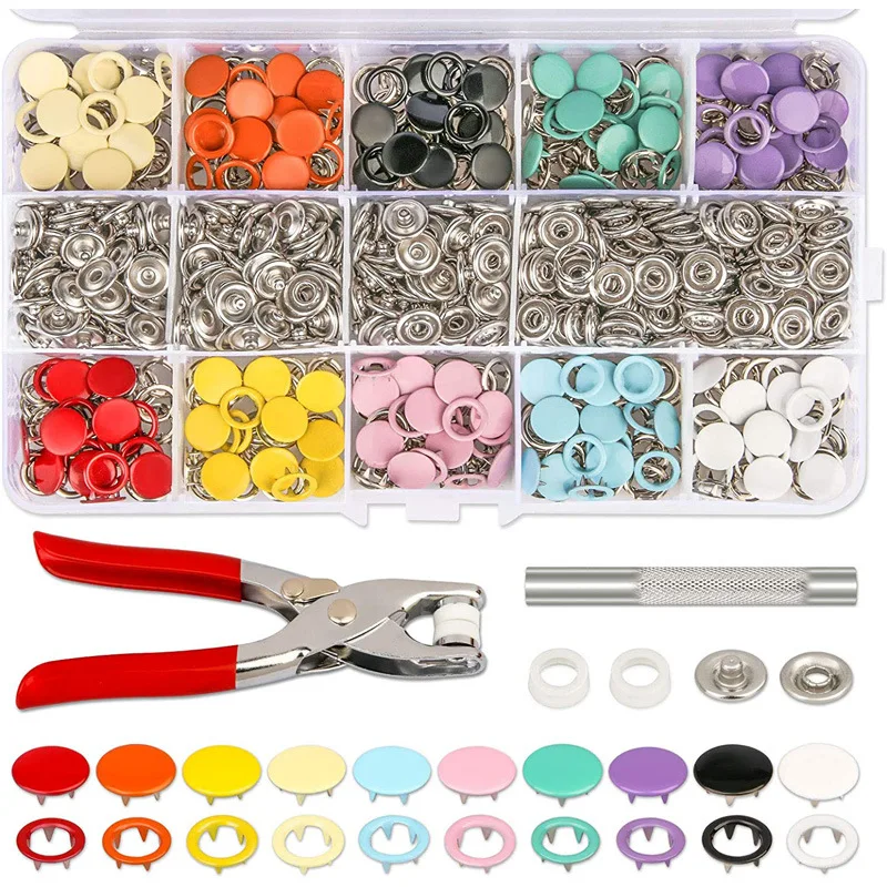 

10 Colors Snap Fasteners Tool Kit Hollow and Solid Metal Prong Snaps Buttons Tools baby onesie buttons