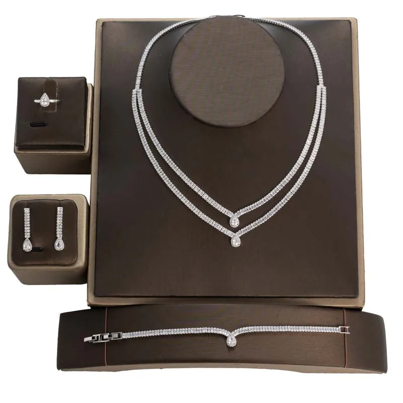 Double Layer Water Drop Shaped Pendant Necklace Cubic Zircon Bridal Jewelry Set Wedding Accessories BN8367