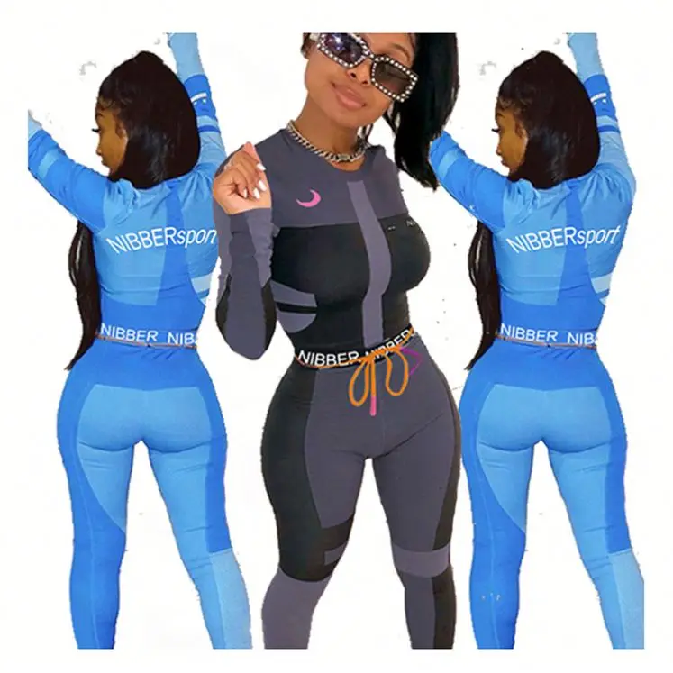 

0051506 Wholesale Price New Long Sleeve Crop Top Contrast Color Womens 2 Piece Sets Sports Gym Fitness Two Piece Pants Set
