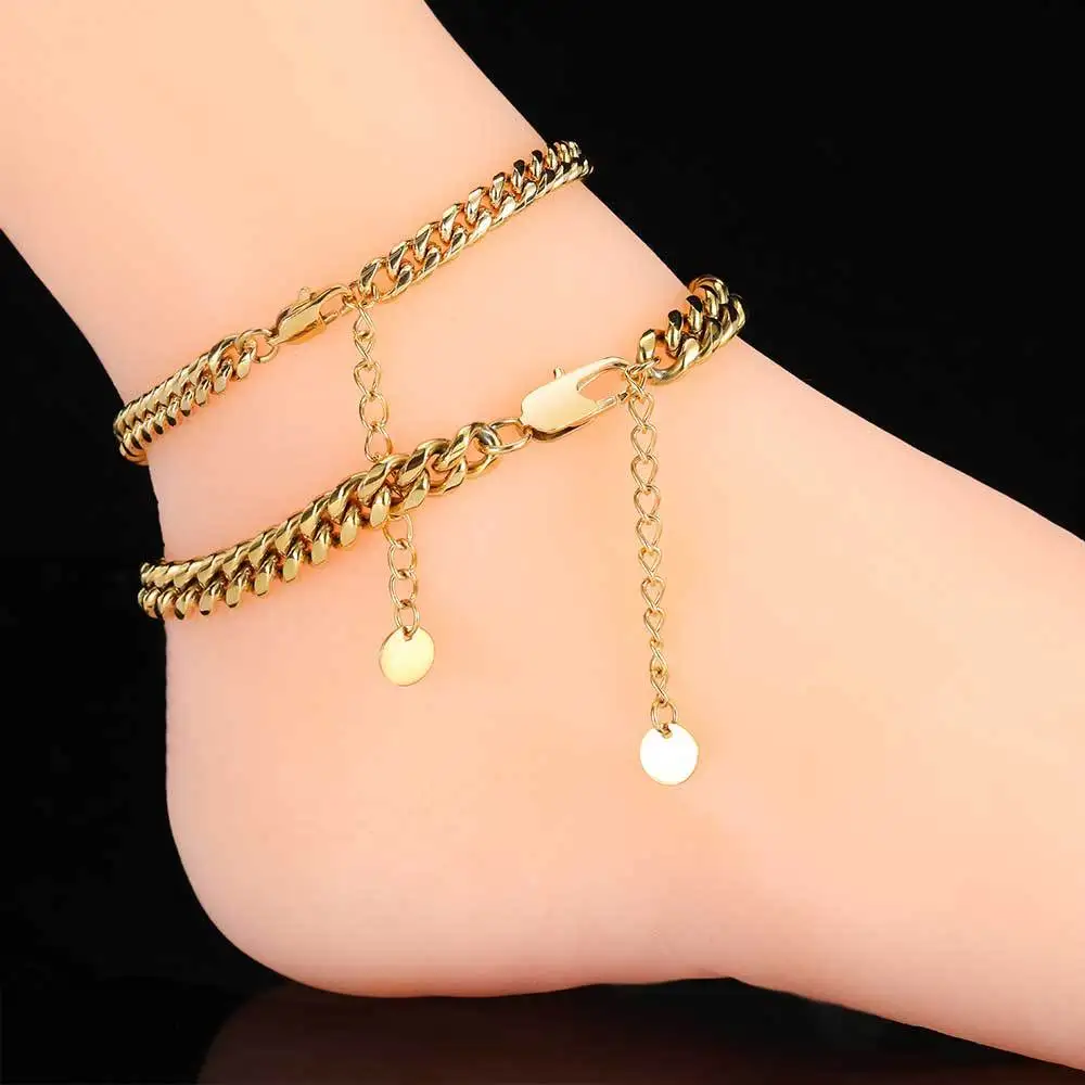 

Vintage Cuban Link Chain Anklets Bohemian Leg Ankle Stainless Steel 18K Gold Anklet Beach Jewelry for Women Girl, Golden