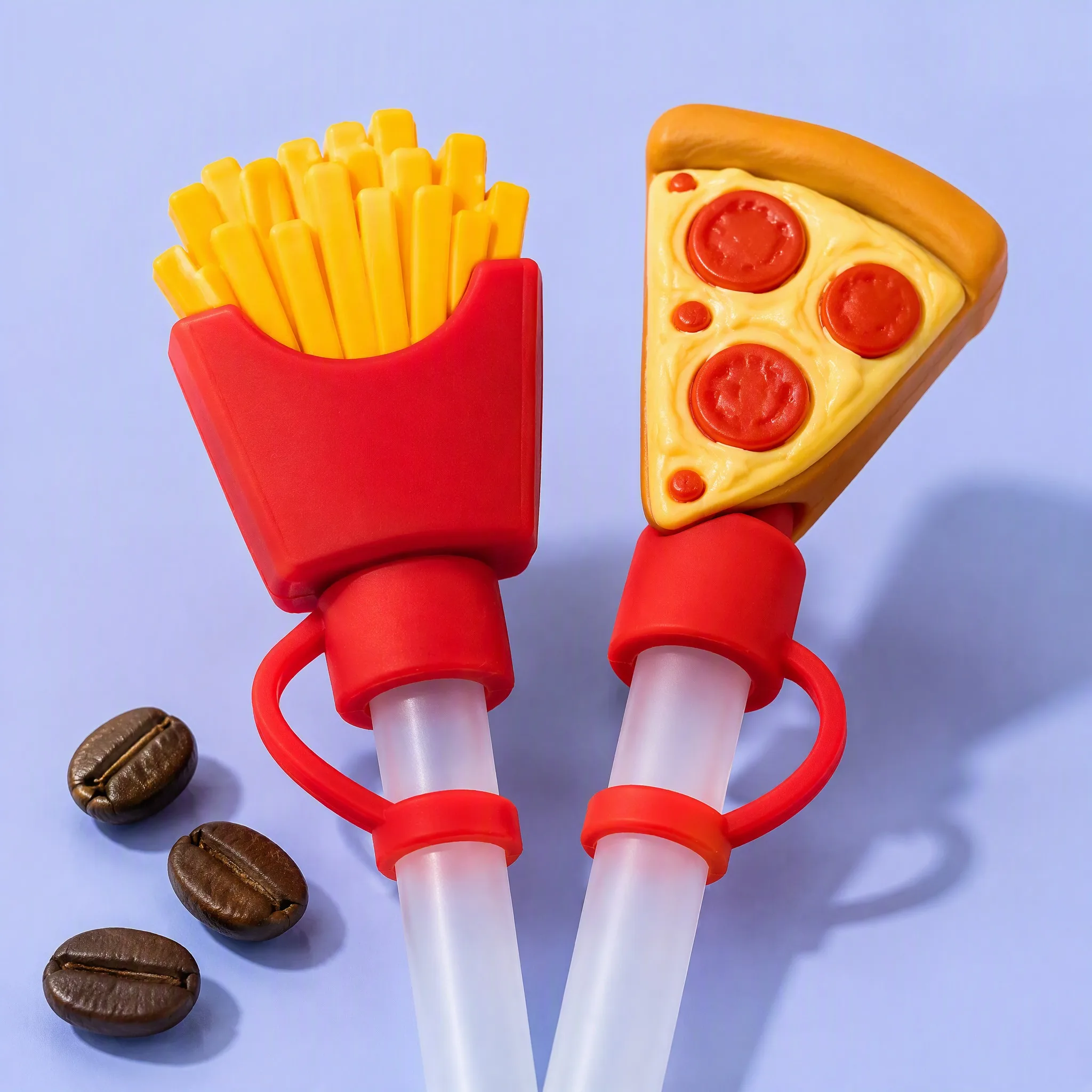 French Fries and Pepperoni Pizza Silicone Straw Caps Close-up with Coffee Beans