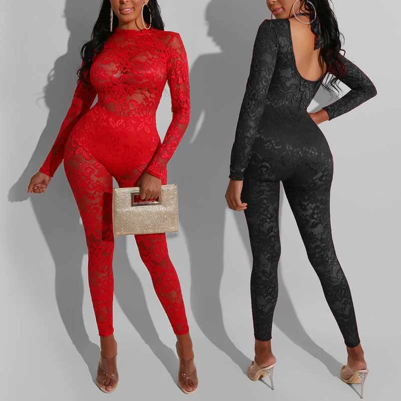 

Spring New Women's Sexy Open Back Long-sleeved Red Lace Jumpsuit, Picture color