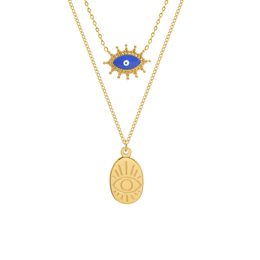 

Poya Dainty Antique Rose Gold 18K Gold Plated Blue Enameled Stainless Steel Chain Turkish Devil Evil Eye Pendant Necklace