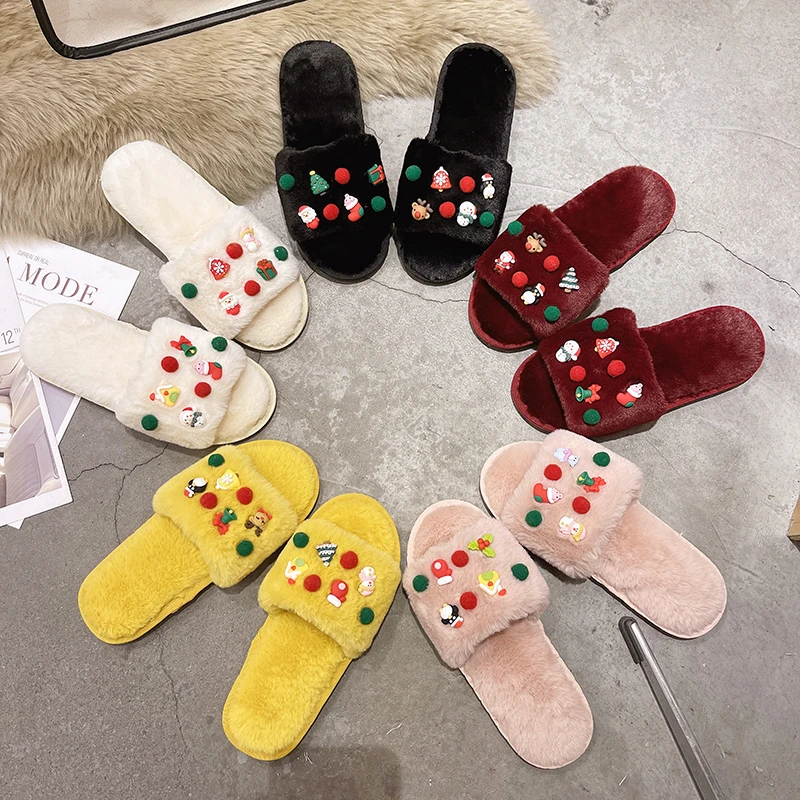 

Wholesale price bedroom flat slippers Christmas cartoon decoration home fur slippers for women, Black,yellow,pink,white,wine red