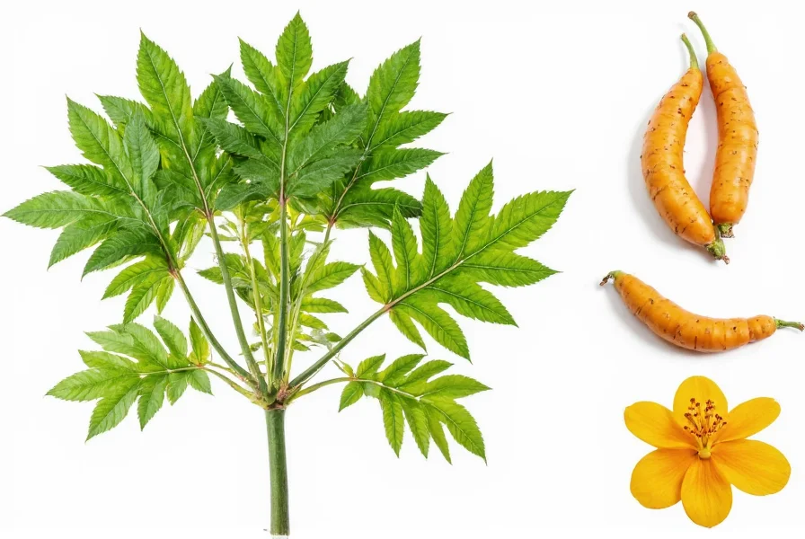 Curcuma longa plant showing leaves, flowers, and harvested rhizomes