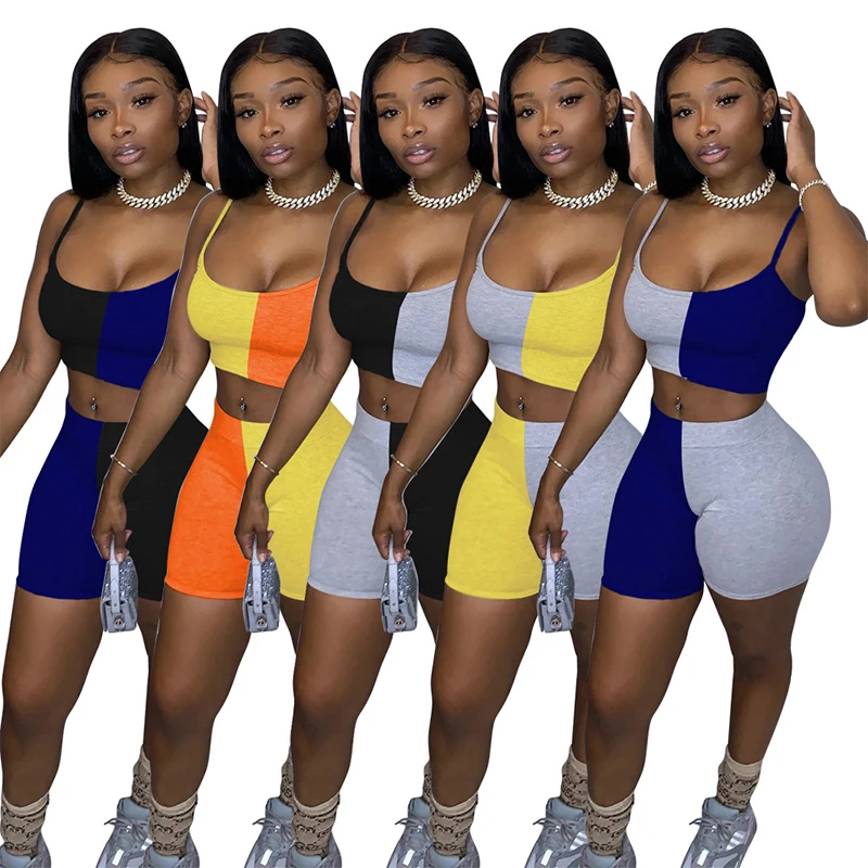 

wholesale custom slim fit women colorblock patchwork summer two 2 piece biker short set in bulk, Navy&gray,yellow&gray,black&gray,black&blue,yellow&orange