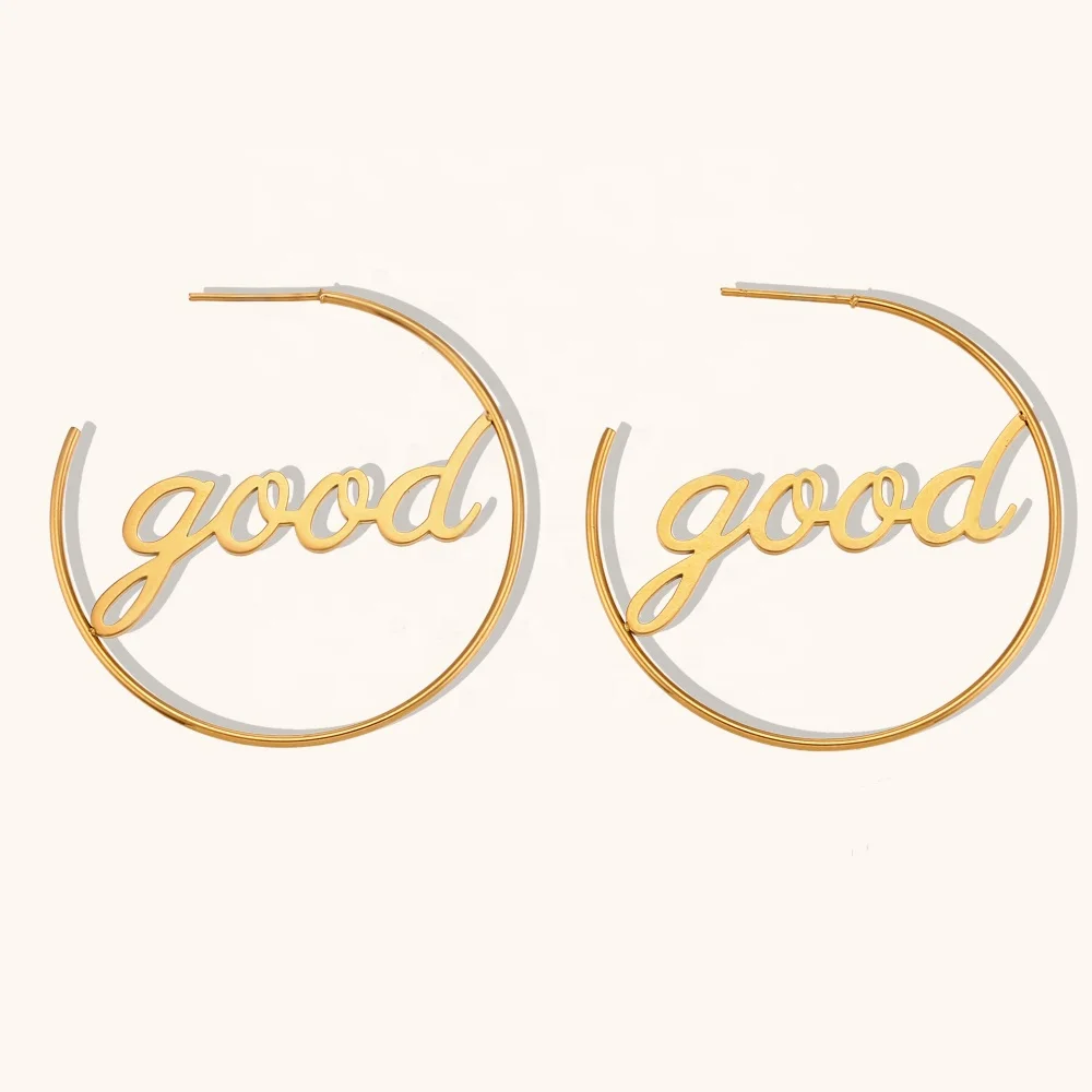 Dingran Coustomizable Name Stainless Steel Jewelry Tarnish Free Waterproof Gold Plated Pvd Charm Letter Hoop Earrings