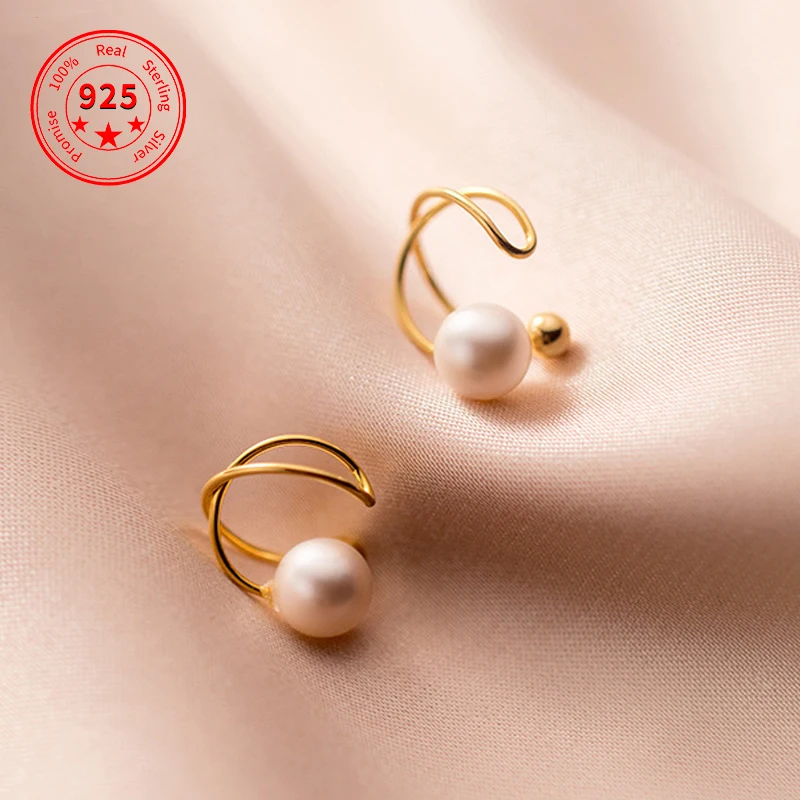 

925 Sterling Silver 14K Gold-plated Pearl Clip On Earrings Women's Jewelry Wholesale