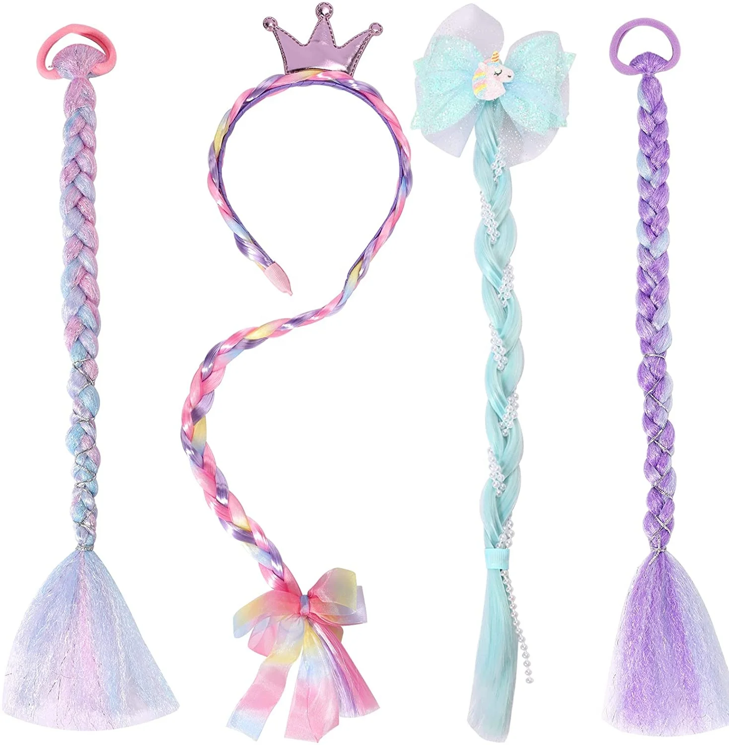 

Rapunzel children cosplay Mermaid Princess Glitter Hair Accessories Headband Kids long Hair Clips Rainbow Extension Braided Wig, Customized colors