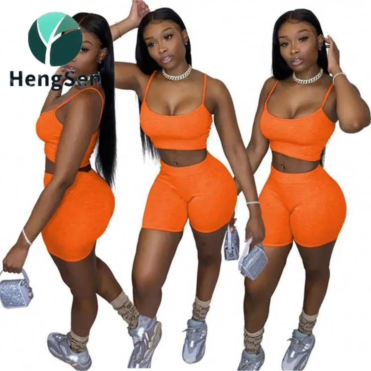 

low-neck women sleeveless piece crop topbiker shorts set two set outfits matching sporty skinelastic