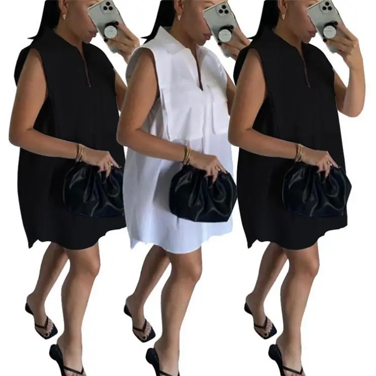 

FONDPINK Latest Design Summer new Sleeveless Pocket Shirt Dress Women Elegant Casual Dresses Women Clothes 2021