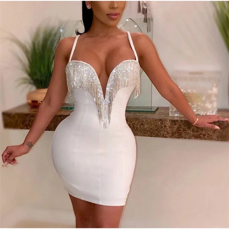 

Women sexy tube bandage party dress lady bodycon fitted diamond tassel evenings dress, White, red,black, blue