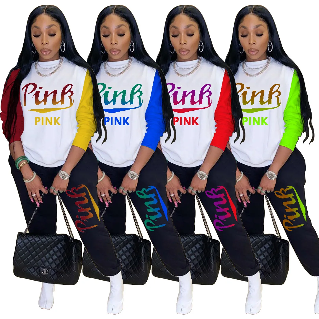 

Pink Letter Print Two Piece Set Women sweatsuits Sportswear 2021 Long Sleeve gradient color jogging Tracksuit for women hoodies