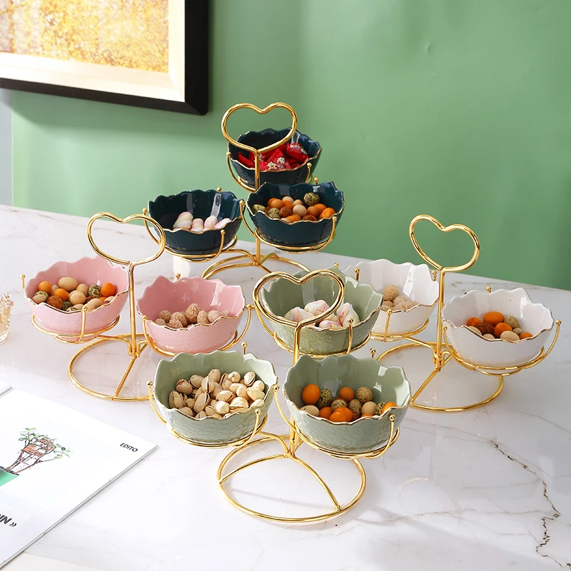 

AL New Arrival Dried Fruit Luxury 3 Pcs Snack Ceramic Serving Bowl With Heart Shape Metal Rack