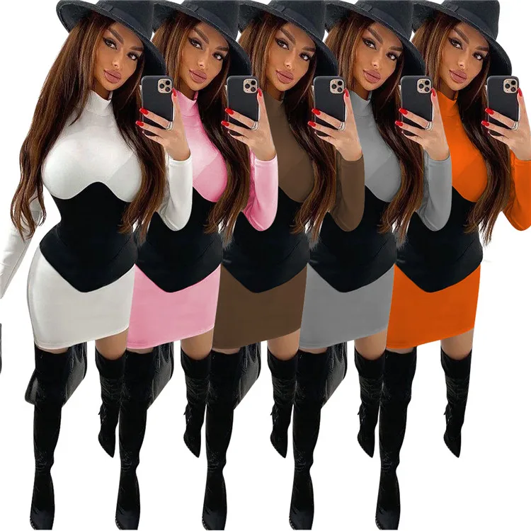 

EB-20121168 Trendy Ladies Boutique Dresses Patchwork Turtleneck Long Sleeve Winter Sexy Skinny Women Short Dress