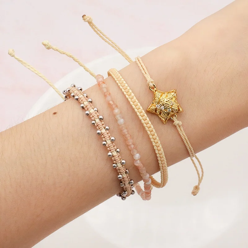 

4PCS Set Adjustable Handmade Gold Plated Star Charm String Bracelet Jewelry Diy Braided Rope Bracelets Set For Teen girl women, Multi