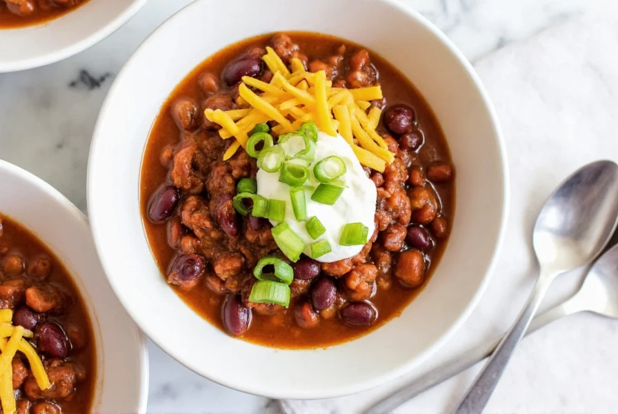 Finished bowl of easy chili and beans recipe with toppings including cheese, sour cream, and green onions