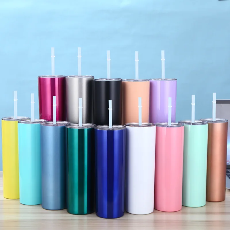 

20oz Colorful Stainless Steel Skinny Tumbler With Steel StrawDouble Wall Vacuum Insulation Slim Water Bottle Cup