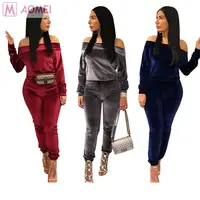 

M4033 2020 casual off shoulder solid pleuche 2020 Pants 2 Piece Set Women Clothing