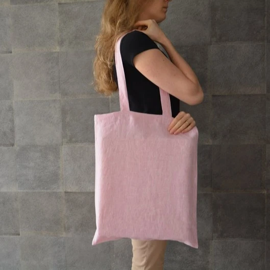 

Pink Linen Customize Logo Tote Reusable Cotton Women Storage Shopping Beach Handbags soild casual bag