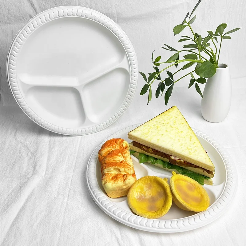 

Restaurant Disposable 10 Inch 3 Compartment Biodegradable Food Plates For Sale