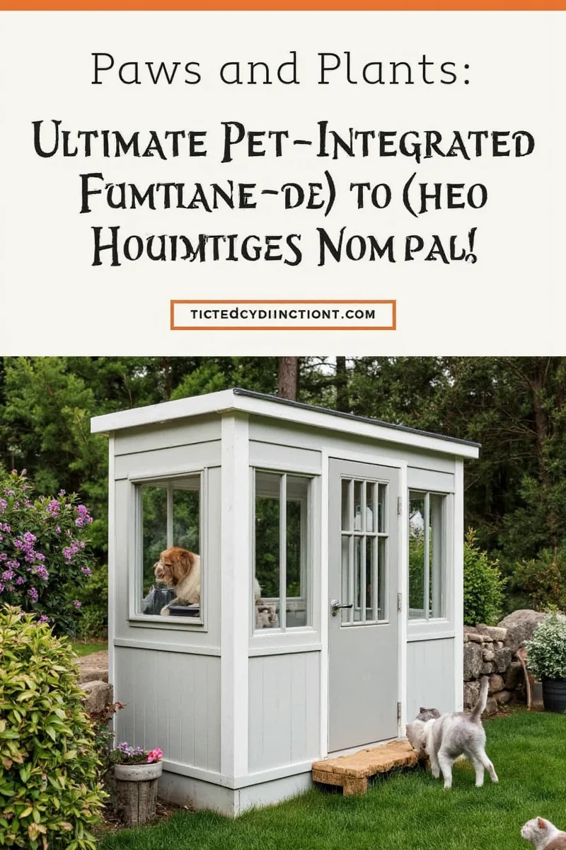 A small wooden potting shed with a cat window and a water bowl outside