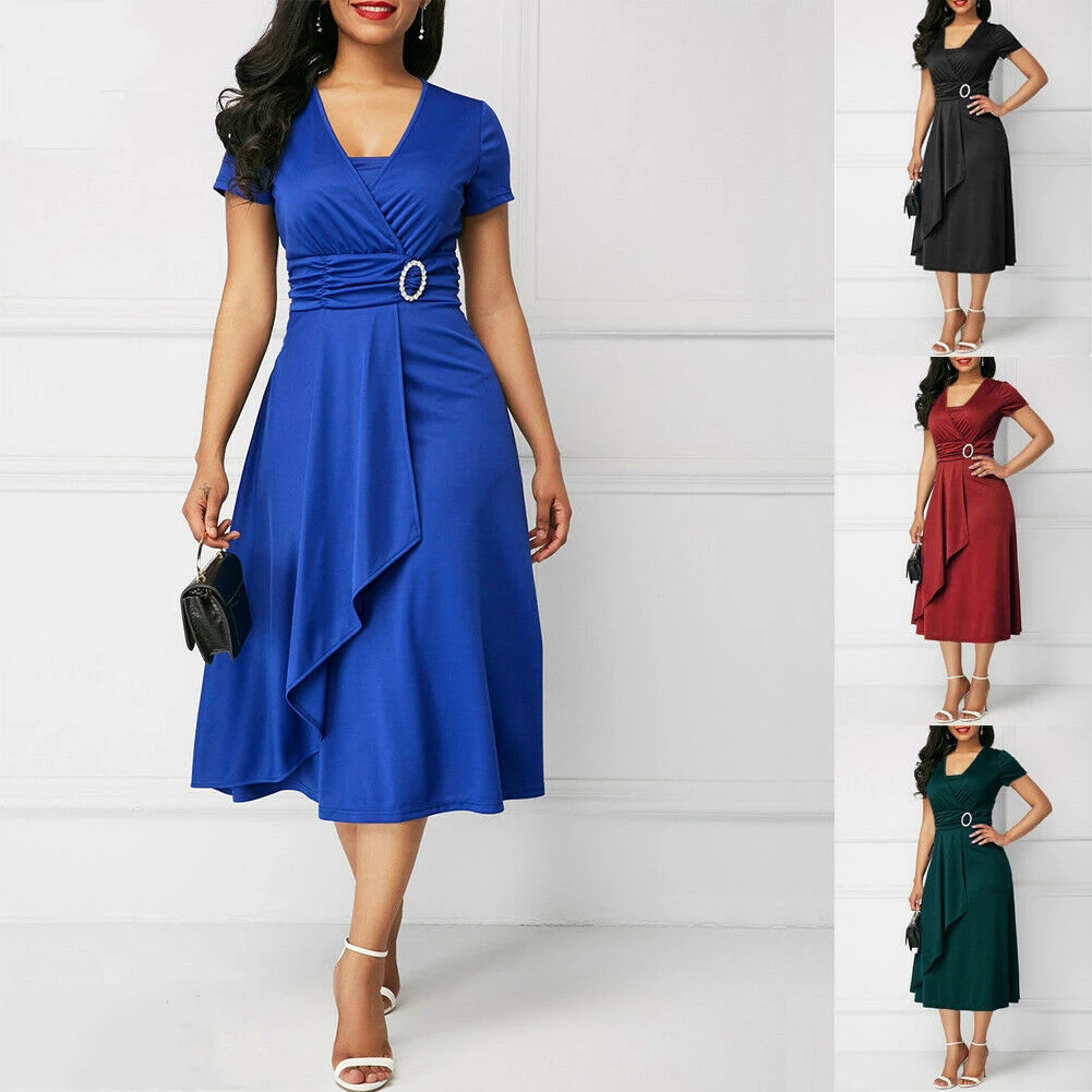 

Fashion High Waist Plain Asymmetric Midi Dress OL Casual Short Sleeve Party vestidos Dress, Black blue burgundy army green