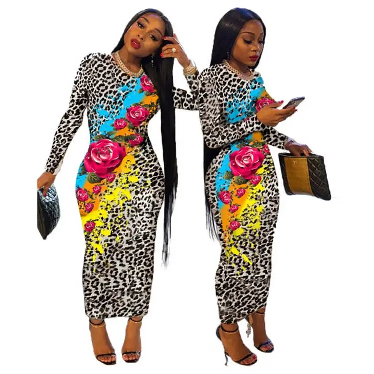 

Trendy Dress Clothing Leopard Print Patchwork Round Neck Autumn Casual Long Sleeve Women Maxi Dresses