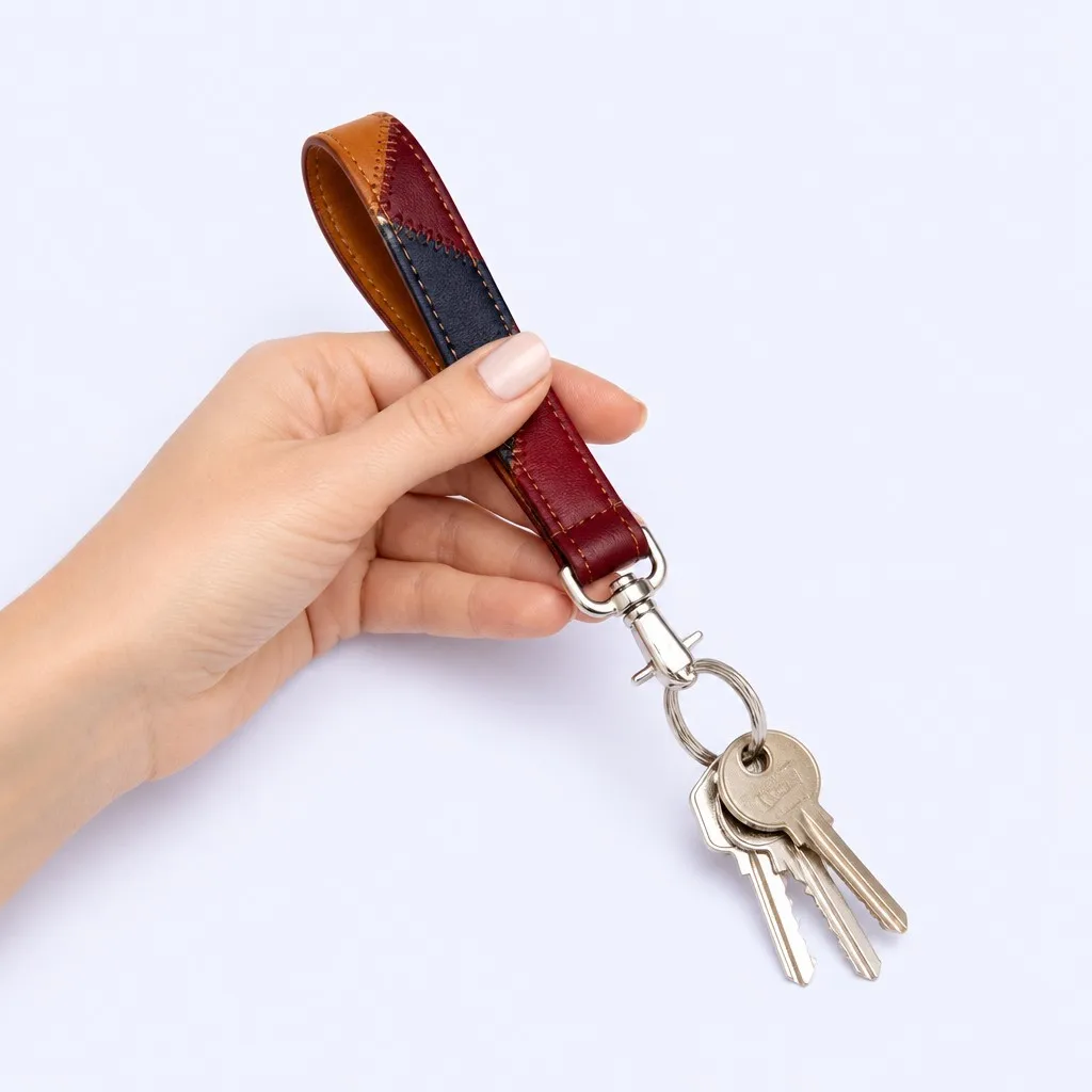 Hand holding a burgundy and navy leather keychain with keys