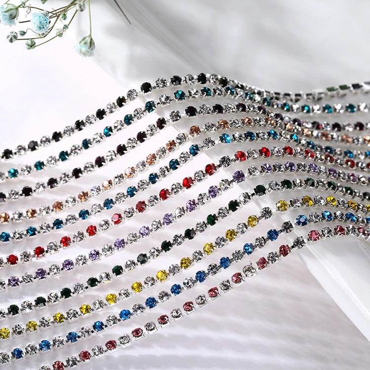 

SS6/SS8 Wholesale Silver Mixed Color Rhinestone Chain Trim High Density Shiny Rhinestone Cup Chain