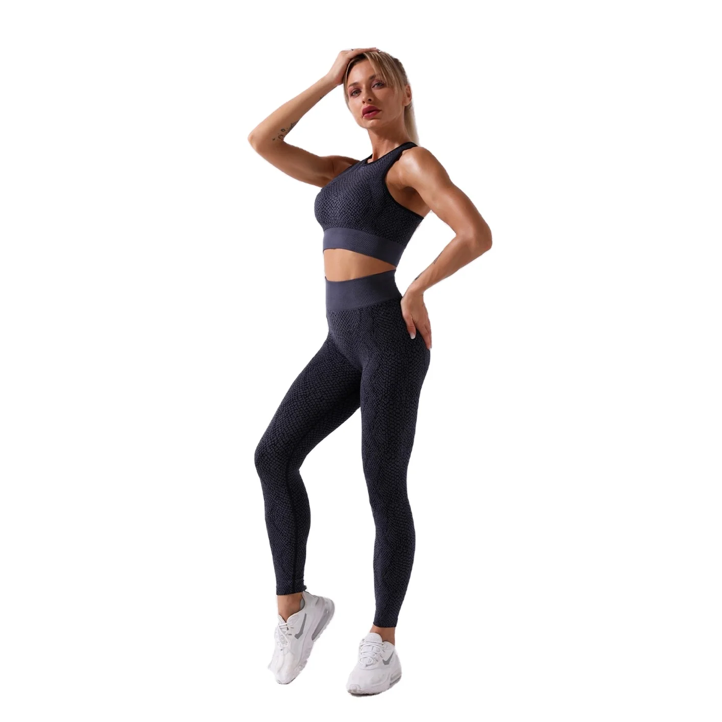 

BBSY046 Black October new snake pattern seamless sports suit female high waist slim fitness 2 piece set quick drying yoga set