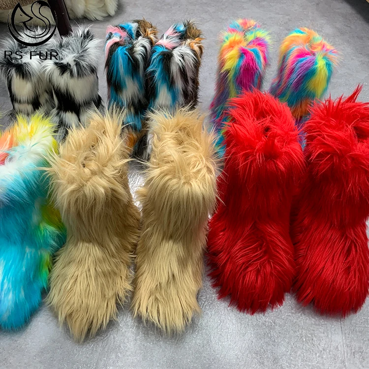 

2020 factory new fashion girls women fur long boots outside pink faux fur snow boots