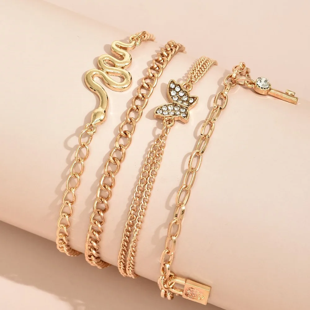 

2021 Fashion New Design Jewelry Vintage 4pcs Lock Butterfly Charming Gold Anklet Sets, 1 colors