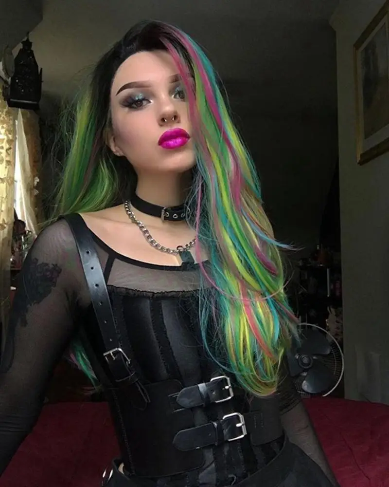 

Rainbow Green Ombre Colorful Lace Wig Long Wavy Synthetic Lace Wig with Short Roots Drag Queen Cosplay Halloween Wigs Amazon