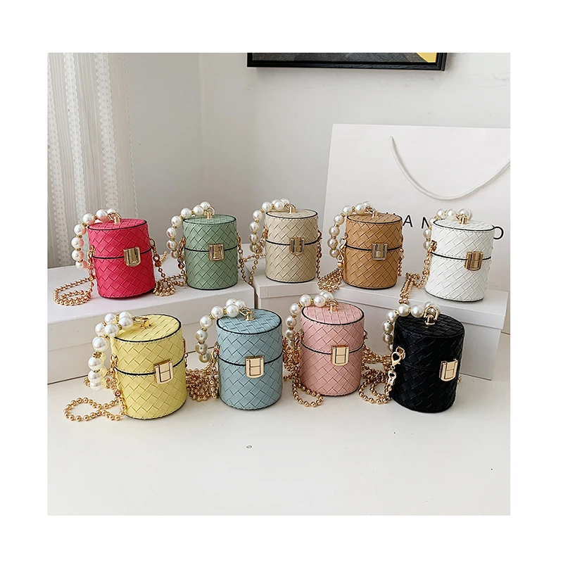 

Woven Lattice Mini Bucket Bags For Women Ins Hot Pearl Chain Shoulder Crossbody Bags Small Tote Purses Ladies Lipsticks Sac