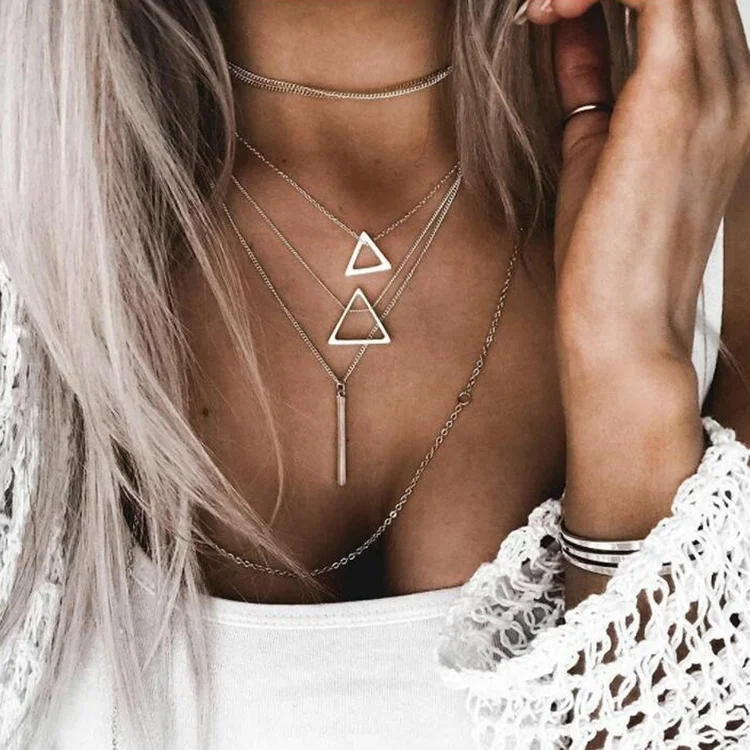 

Bohemian Triangle Bar Stick Pendant Silver Alloy Multilayer Choker Necklace Women Jewelry, Silver color