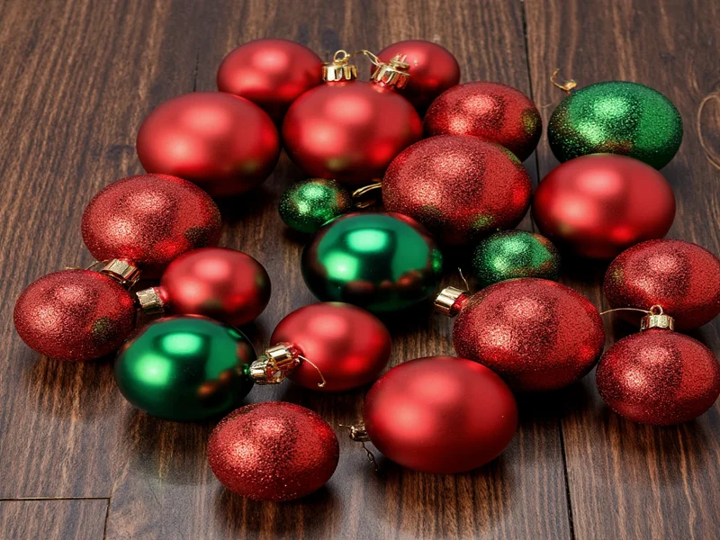 Handmade red and green Christmas ornament collection on rustic wood