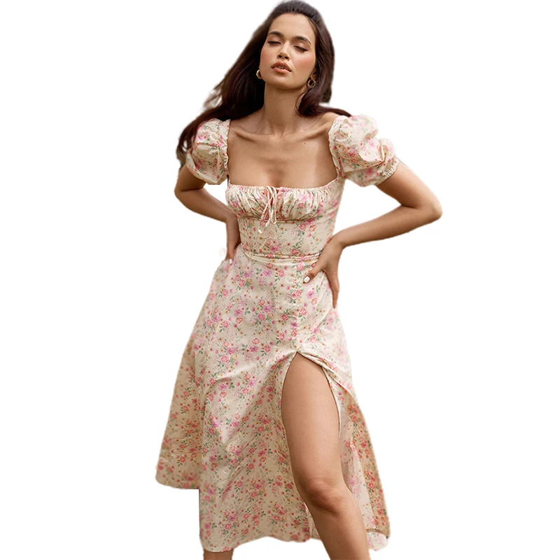 

D1738384 2021 Romance Retro Dresses Women Casual Floral Print Square Collar Puff Sleeve Clothing Midi Dresses Lady